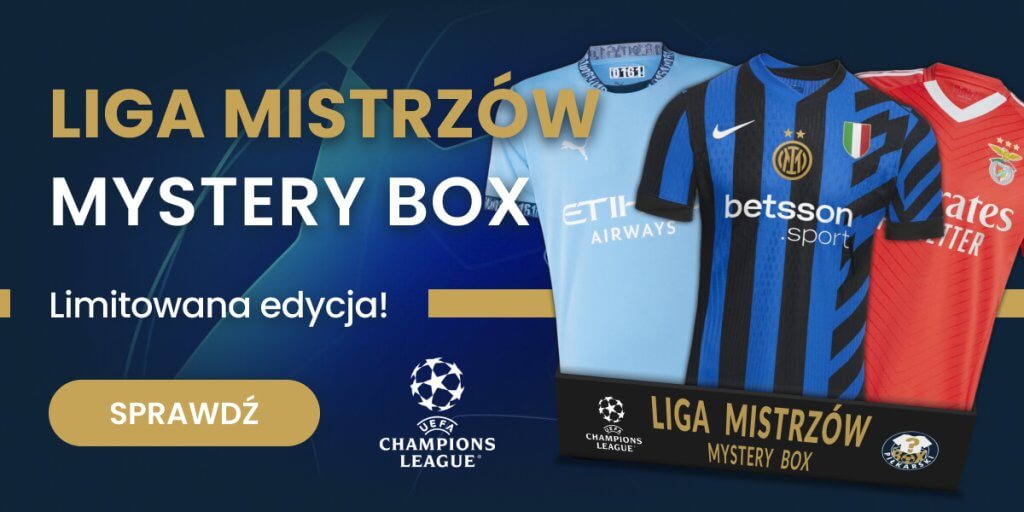 Baner z mystery boxem związanym z Ligą Mistrzów, pokazujący trzy koszulki: Interu Mediolan w kolorze czarno-niebiskim, koszulka Benfica w kolorze czerwonym oraz koszulka Manchester City w kolorze błękitnym