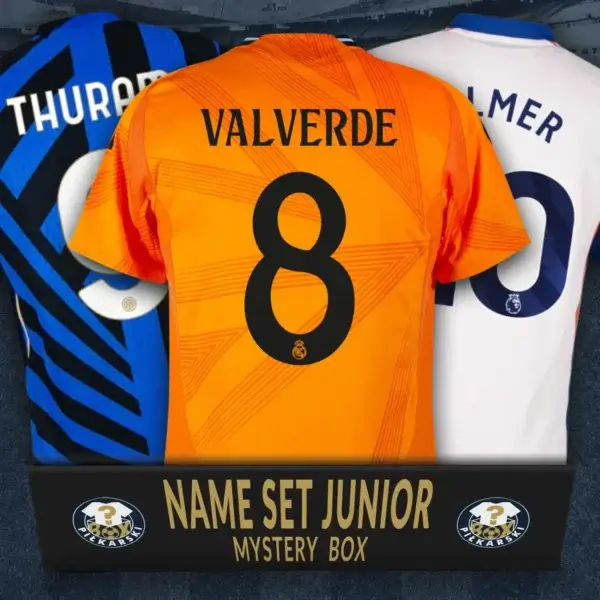 Trzy koszulki piłkarzy: Fede Valverde z Realu Madryt, Thuram z Interu Mediolan i Cole Palmer z Chelsea